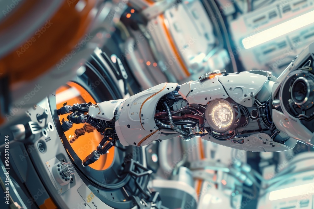 Aufkleber advanced robotic arm working in a high-tech manufacturing facility filled with machinery and intrica