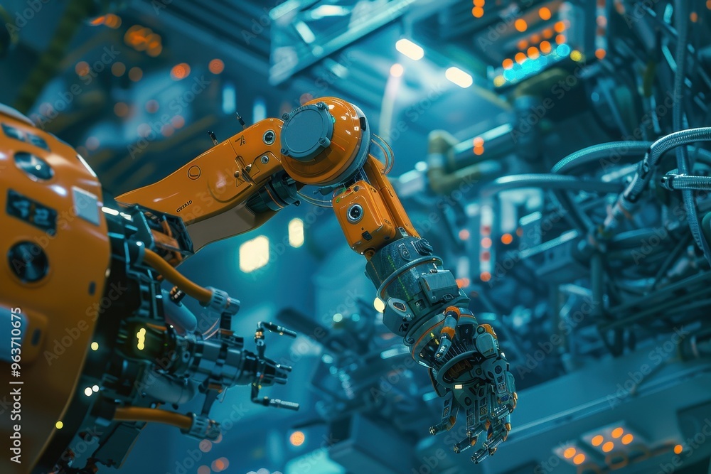 Poster advanced robotic arm working in a high-tech manufacturing facility filled with machinery and intrica