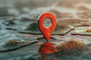 A bright red location pin stands out against a textured map background, representing navigation and travel in a modern digital world