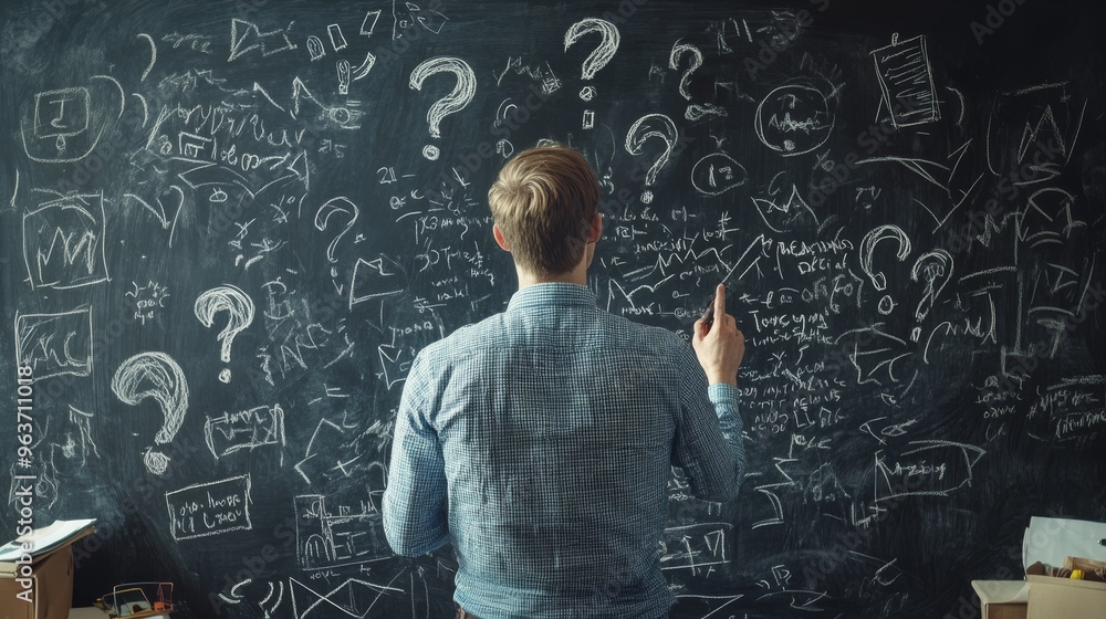 Poster a man stands thoughtfully before a large chalkboard that is completely filled with an array of quest