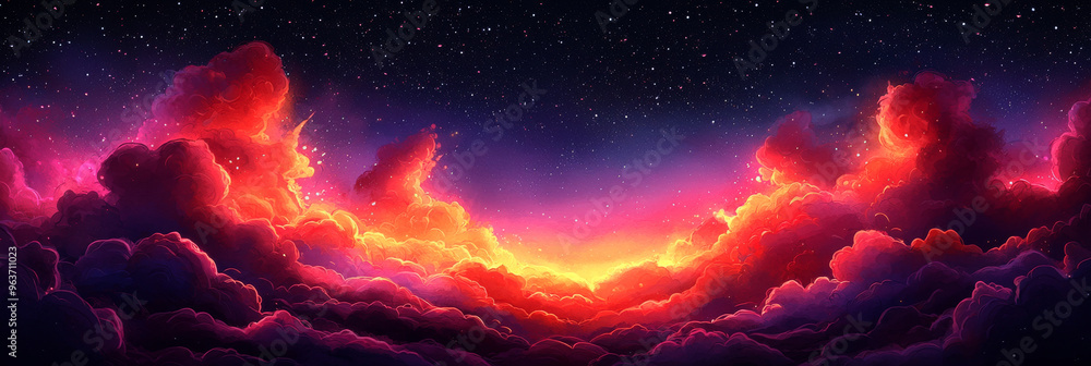 Poster A fiery sunset seen from above the clouds, with a starry sky