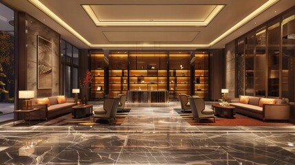 Luxurious Hotel Lobby with Modern Design and Elegant Lighting for a Warm, Inviting Atmosphere