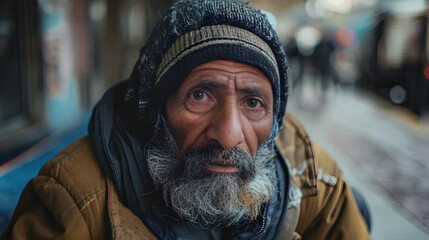 Fototapeta premium Desperate individual in poverty, overwhelmed by stress and fear, isolated and struggling to survive daily.
