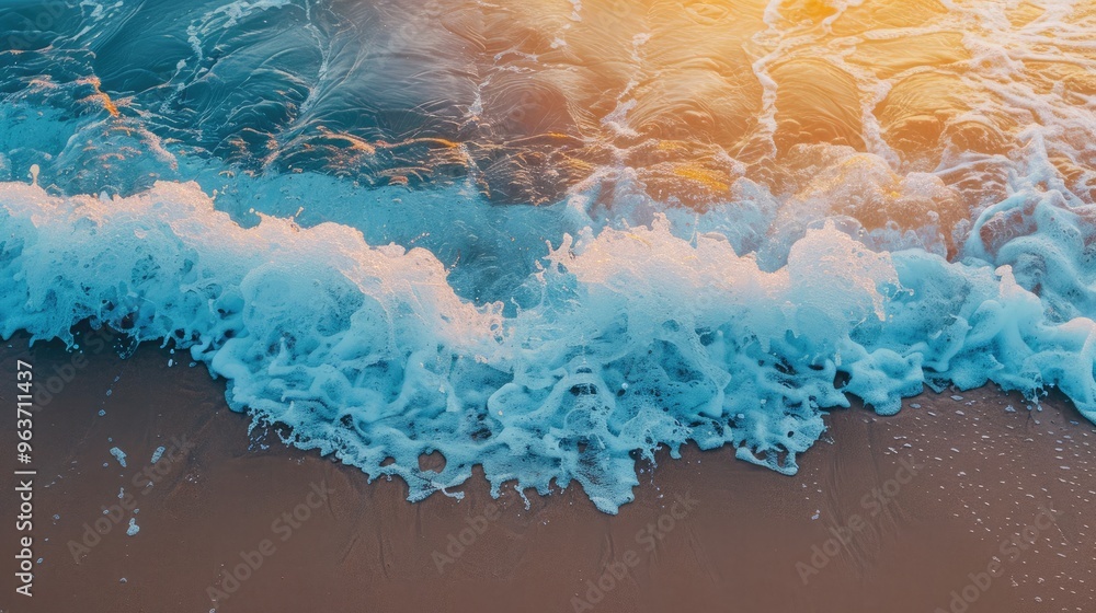 Poster Coastal waves roll on sandy beach during sunrise or sunset.