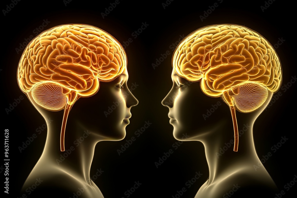 Poster neuronal intelligence cerebrum neon glowing brains facing each other symbolizing intellectual commun
