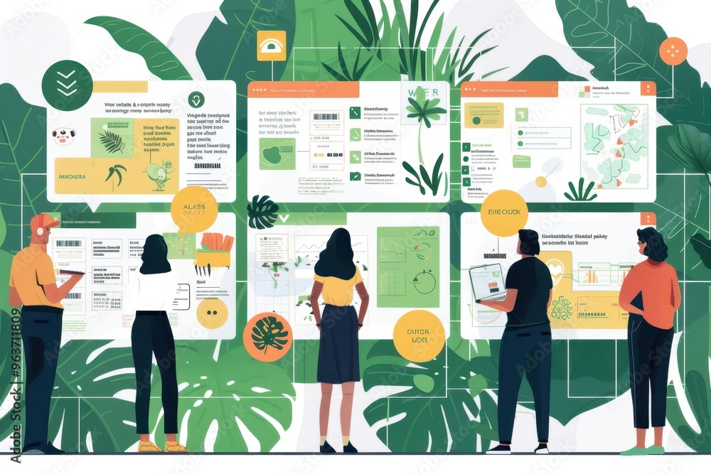 Fototapete creative workspace featuring a wall covered in colorful sticky notes and project flowcharts, illustr