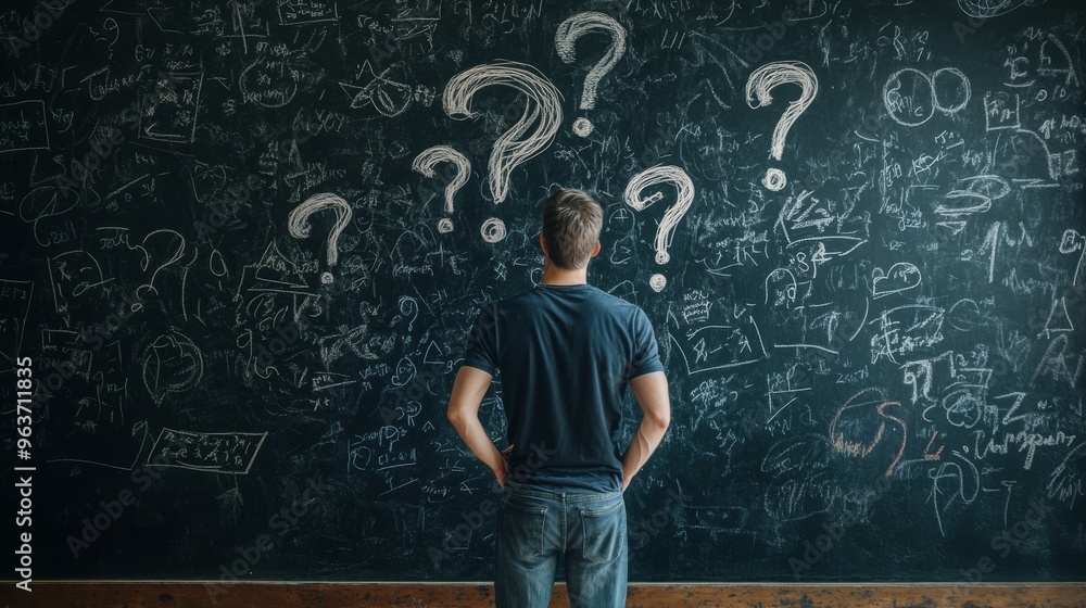 Poster a man stands before a chaotic blackboard filled with question marks and scribbles, reflecting on a c