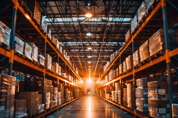 Fototapeta premium Sustainable Logistics Warehouse with Energy Efficient Lighting and Automated Systems