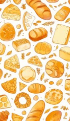 Seamless Pattern of Line Art Doodles Featuring Breads, Pastries, and Buns in Earthy Tones on White Background