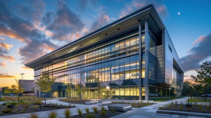 Obraz premium Modern Sustainable City Hall with Large Windows, Renewable Energy Solutions for Efficient Urban Design