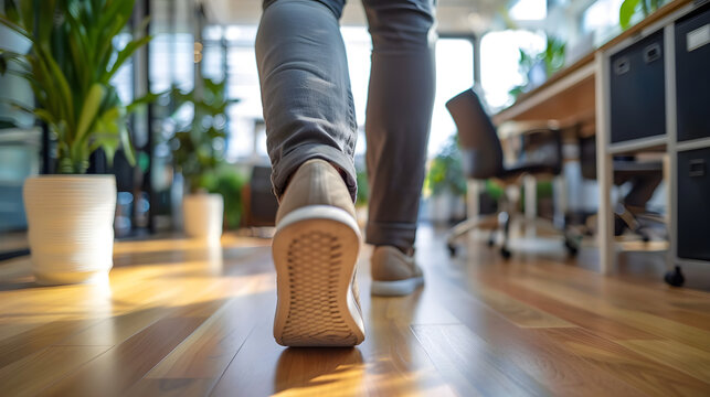 Restless person in black sweatshirt walking back and forth in room with wooden floors.