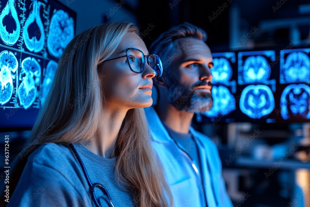 Poster neural agility neural network modern neuroscience and technology exploration two scientists observin