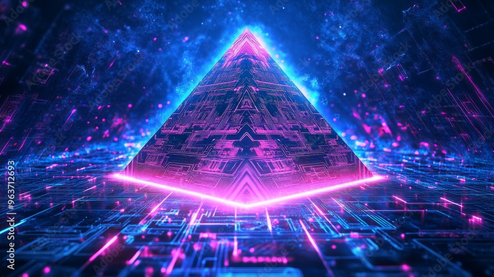 Poster a breathtaking 3d pyramid, illuminated with vibrant neon colors, beautifully representing advanced d