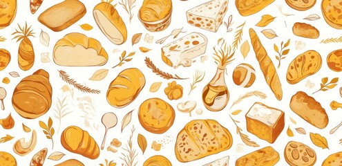 Seamless Pattern of Line Art Doodles Featuring Breads, Pastries, and Buns in Earthy Tones on White Background