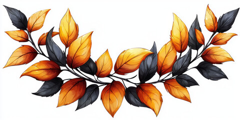 Fototapeta premium A branch with autumn leaves in shades of orange and black.