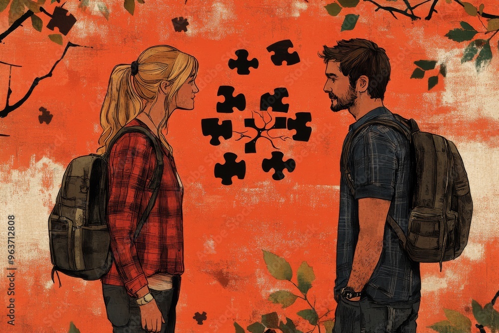 Poster cognitive potential neural network artistic illustration of two people standing apart with puzzle pi