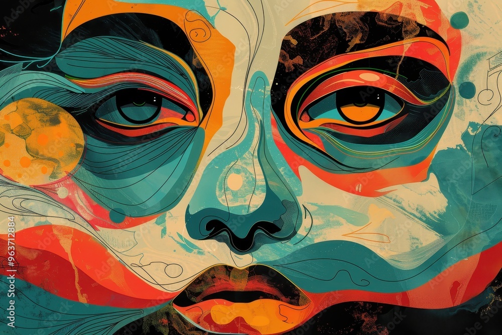 Poster a colorful abstract depiction of a woman's face blending with swirling vibrant patterns, showcasing 