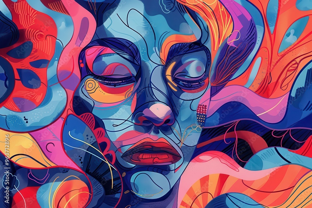 Poster a colorful abstract depiction of a woman's face blending with swirling vibrant patterns, showcasing 