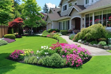 Naklejka premium A lush green garden with colorful flower beds and sunlight filtering through trees in a serene outdoor space during sunny afternoon hours