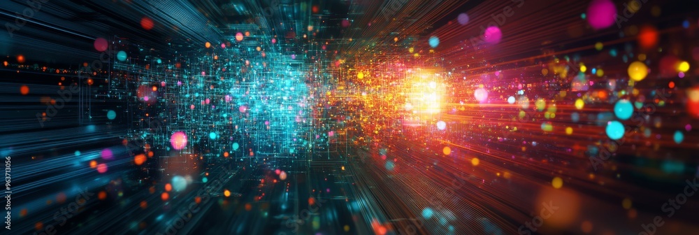 Poster this vibrant digital rendering features a mesmerizing futuristic abstract design with glowing partic