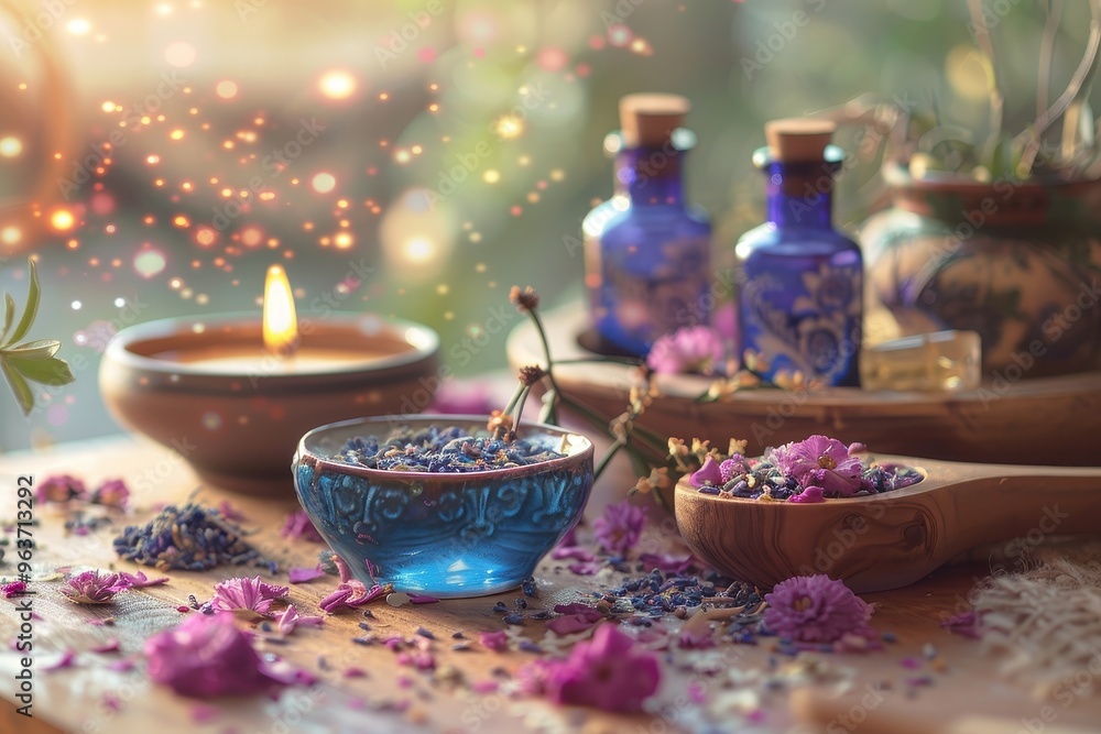 Poster Lavender and herbs arranged on a wooden table with candles and essential oils, creating a tranquil atmosphere in a cozy space during sunset