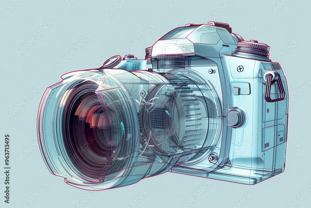 Poster An artistic representation of a transparent digital camera model showcasing intricate internal components and design details in a minimalist setting