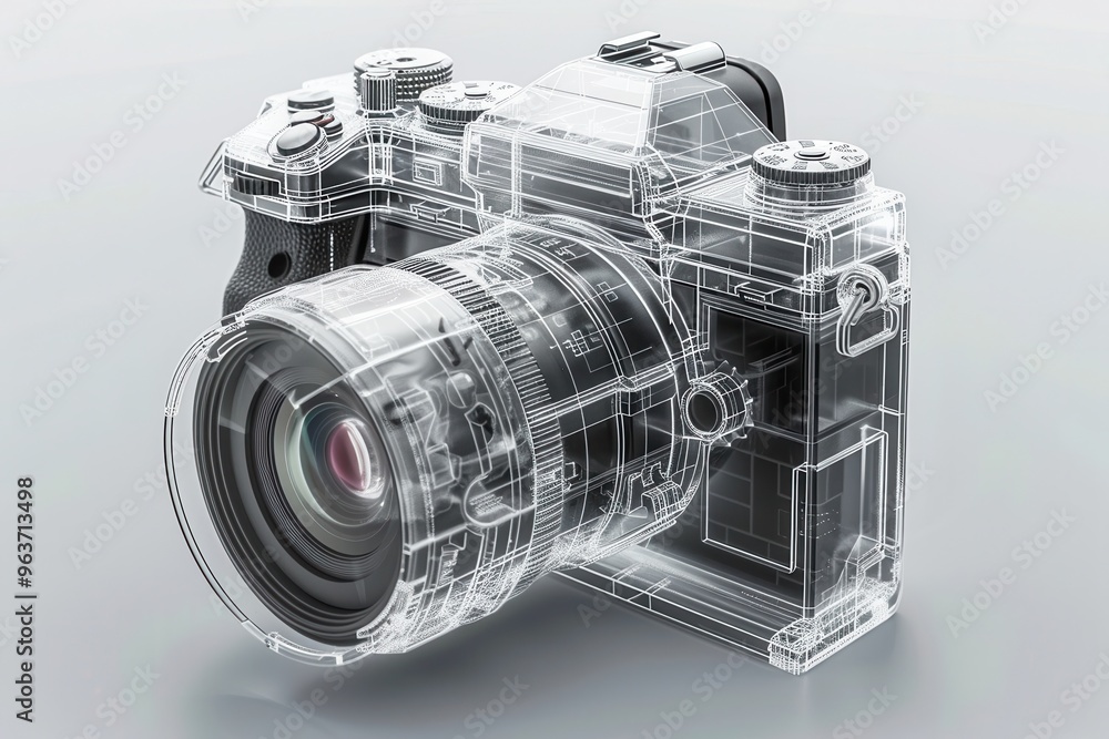Poster An artistic representation of a transparent digital camera model showcasing intricate internal components and design details in a minimalist setting