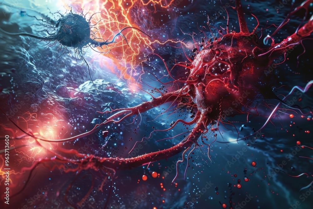 Poster Close-up view of microscopic cells with long extensions interacting in a dark, fluid environment during a scientific exploration of cellular behavior