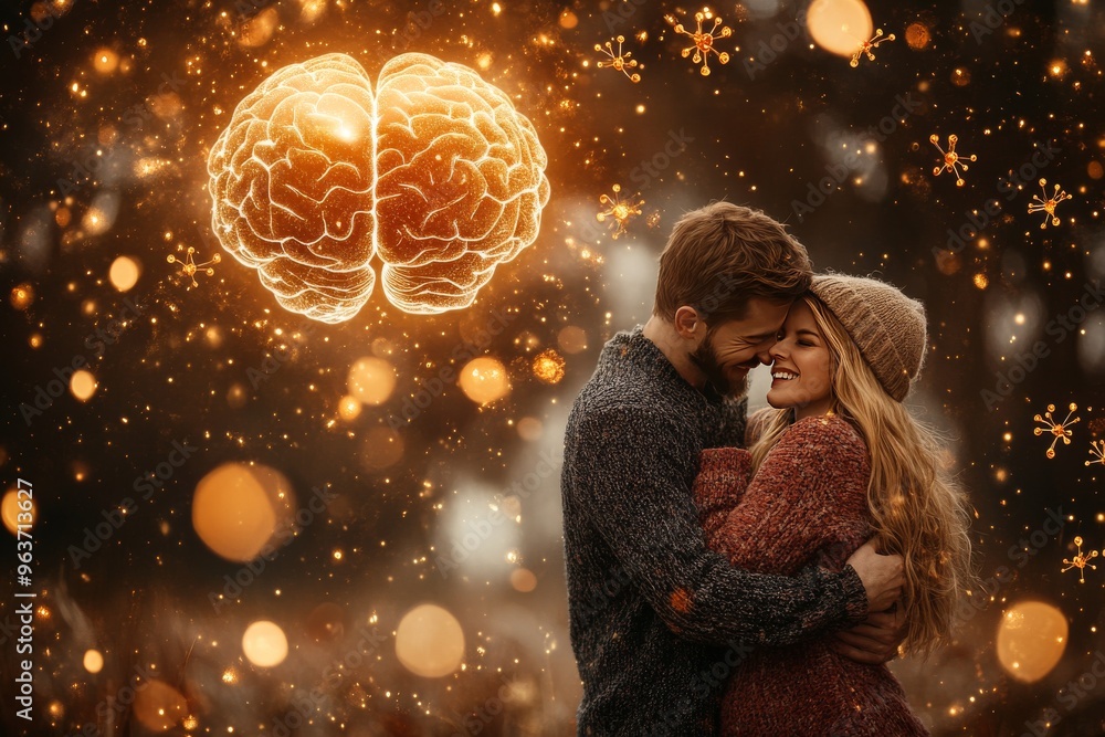 Poster cognitive capacity neural network romantic embrace between two people with illuminated brains symbol