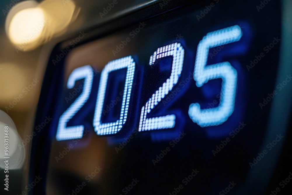 Aufkleber digital clock display showing the year with a modern design on a blurred background the glowing blue