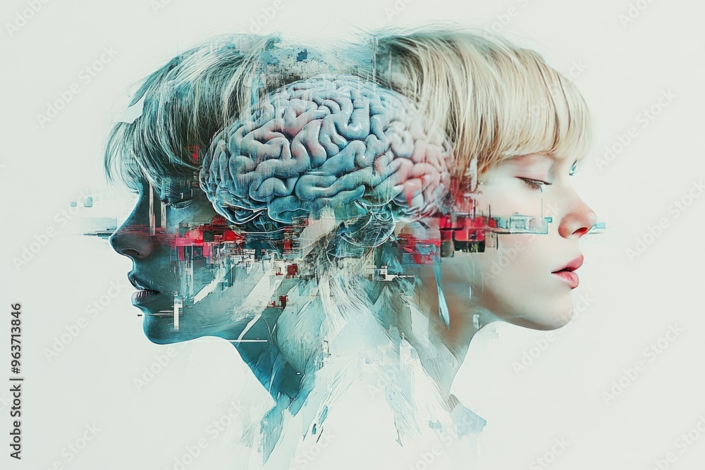 Poster neural horsepower neural network double exposure portrait of a child with brain diagram symbolizing 