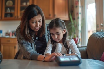 Mother Assisting Daughter with Blood Pressure Monitor in Cozy Living Room - Family Health Care Concept
