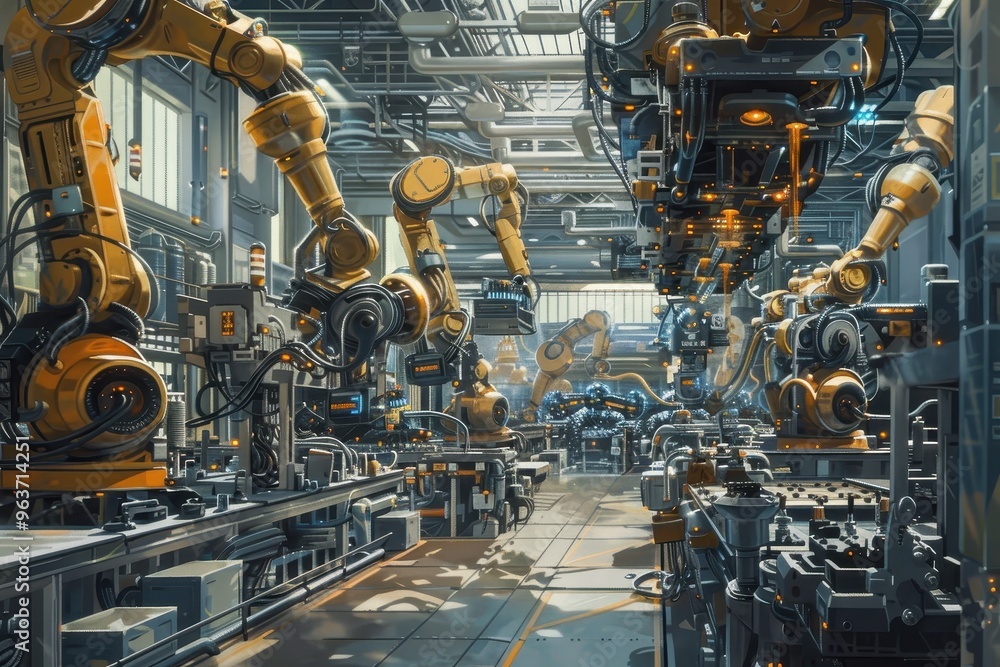 Poster Industrial robotics in a modern manufacturing facility with automated machines working efficiently during daytime operations