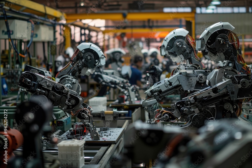 Poster Industrial robotics in a modern manufacturing facility with automated machines working efficiently during daytime operations