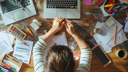 A person overwhelmed by workload, multitasking with computer and papers, feeling stressed and exhausted.