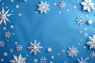 White paper snowflakes float above a blue background creating a wintry atmosphere perfect for seasonal celebrations or holiday crafts