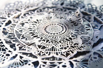 Intricate paper-cut floral patterns displayed against a dark background, showcasing delicate artistry and creativity in Black and White