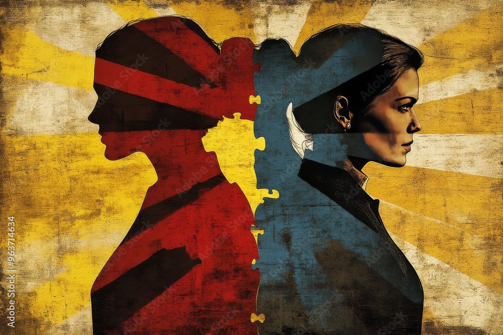 Poster cognitive potential cortex a symbolic image of a woman with a red and yellow backdrop and puzzle pie