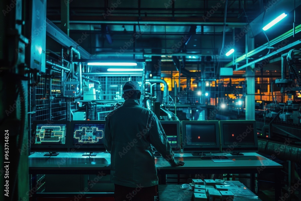 Poster workers engaged in various tasks inside a bustling factory in the evening, showcasing machinery and 