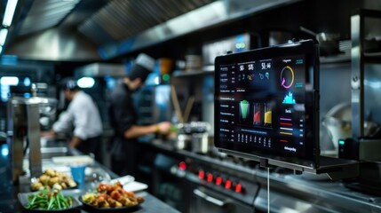 High-Tech Digital Dashboard in Restaurant Kitchen Showcasing Real-Time Energy Use and Savings for Efficient Management