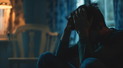 Man sitting on floor holding head in hands, looks stressed and overwhelmed with addiction.