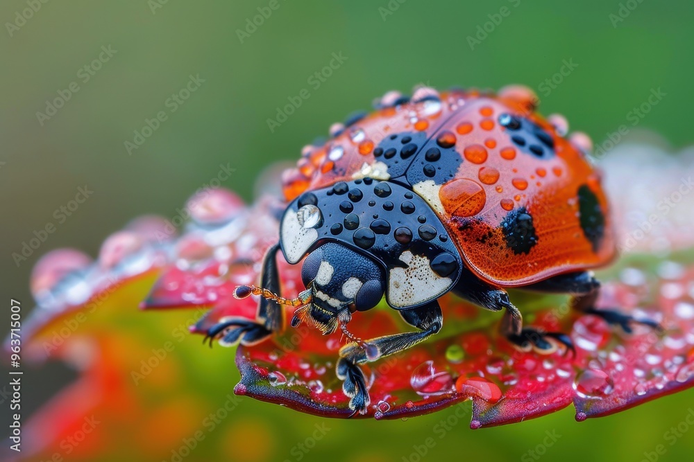 Aufkleber a close-up of a colorful ladybug resting on a green leaf surrounded by soft foliage in a serene gard