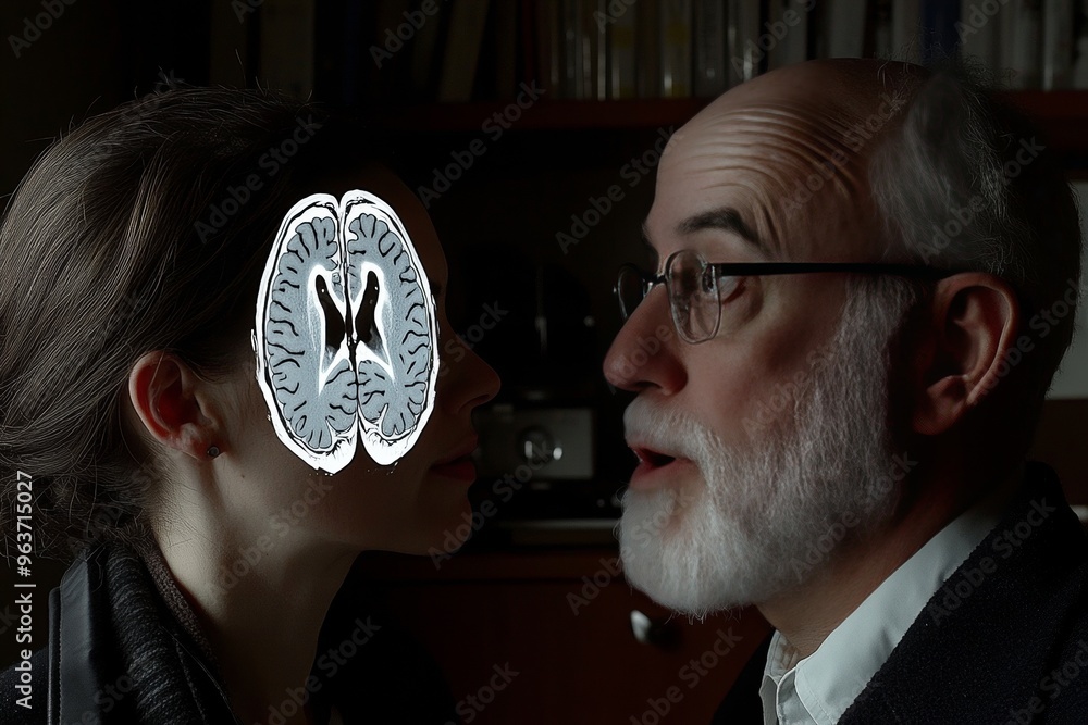 Poster brain agility cortex surreal image of two people with an x ray overlay of a butterfly in the brain r