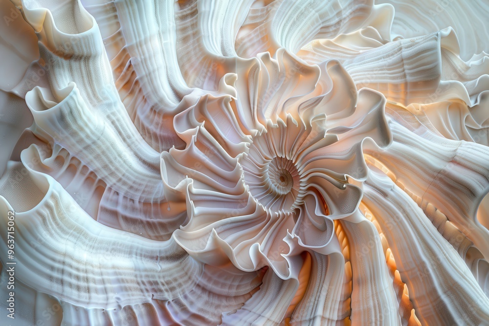 Poster intricate details of a spiral seashell on a sandy shoreline, showcasing natural patterns and texture