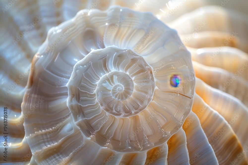 Poster intricate details of a spiral seashell on a sandy shoreline, showcasing natural patterns and texture