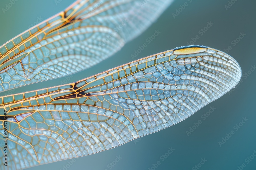 Poster A close-up view of a dragonfly showcasing intricate patterns and vibrant colors against a dark background, capturing nature's details