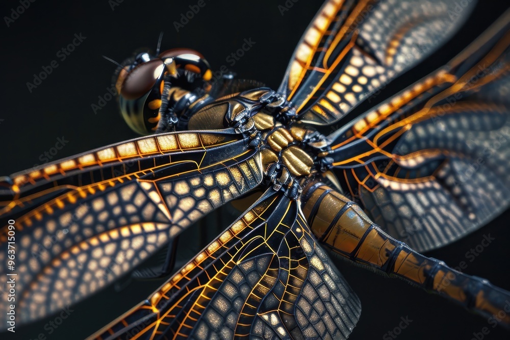 Poster A close-up view of a dragonfly showcasing intricate patterns and vibrant colors against a dark background, capturing nature's details