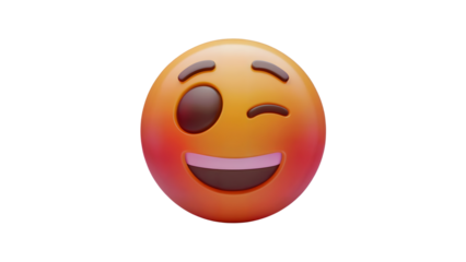 A 3D rendering of a winking smiley face emoji with a broad grin and rosy cheeks