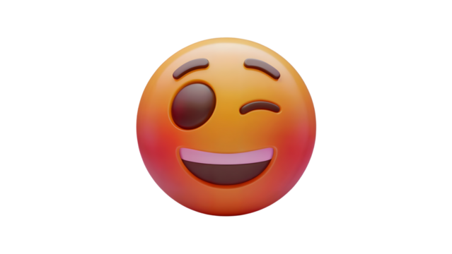 A 3D rendering of a winking smiley face emoji with a broad grin and rosy cheeks