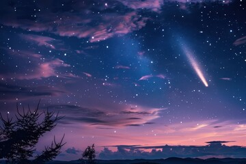 Fototapeta premium A stunning comet lights up the twilight sky over a serene landscape, creating a magical view filled with stars and vibrant colors